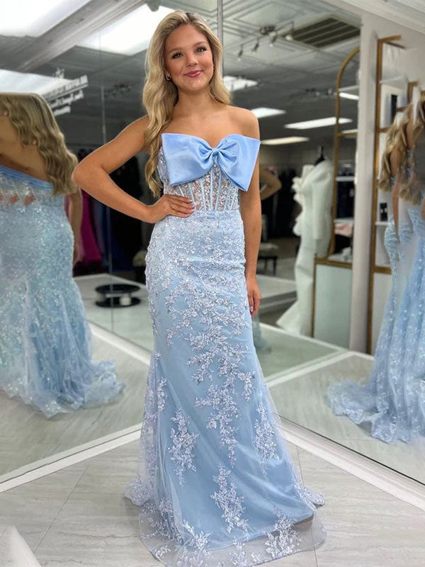 Blue Mermaid Strapless Lace Appliques Long Prom Dress with Bow