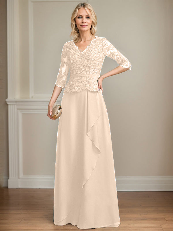 A-line V-Neck Floor-Length Lace Chiffon Mother of the Bride Dress With Cascading Ruffles Sequins