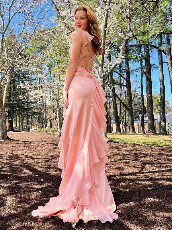Blush Mermaid Spaghetti Straps Chiffon Long Prom Dress with Ruffles