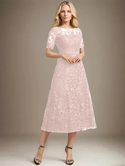 A-line Scoop Illusion Tea-Length Lace Mother of the Bride Dress With Sequins