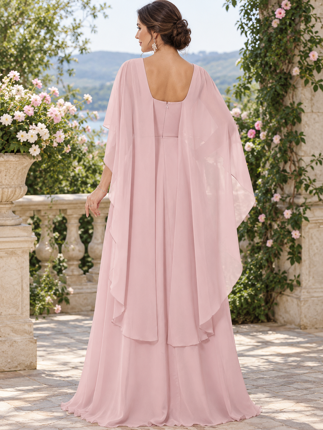 Light Pink Chiffon Capelet Overlay A-Line Maxi Dress