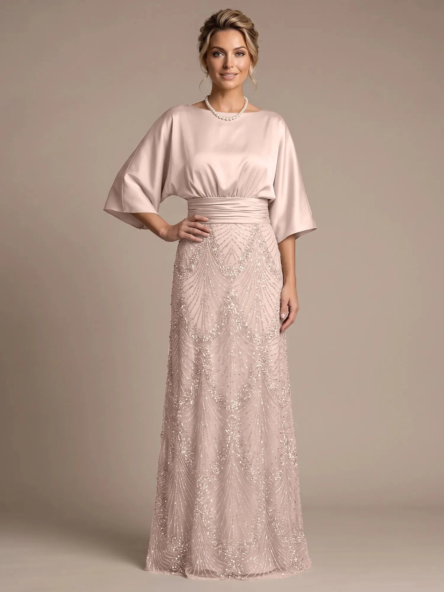 Champagne Bateau Neck Satin 3/4 Batwing Sleeves Maxi Dress