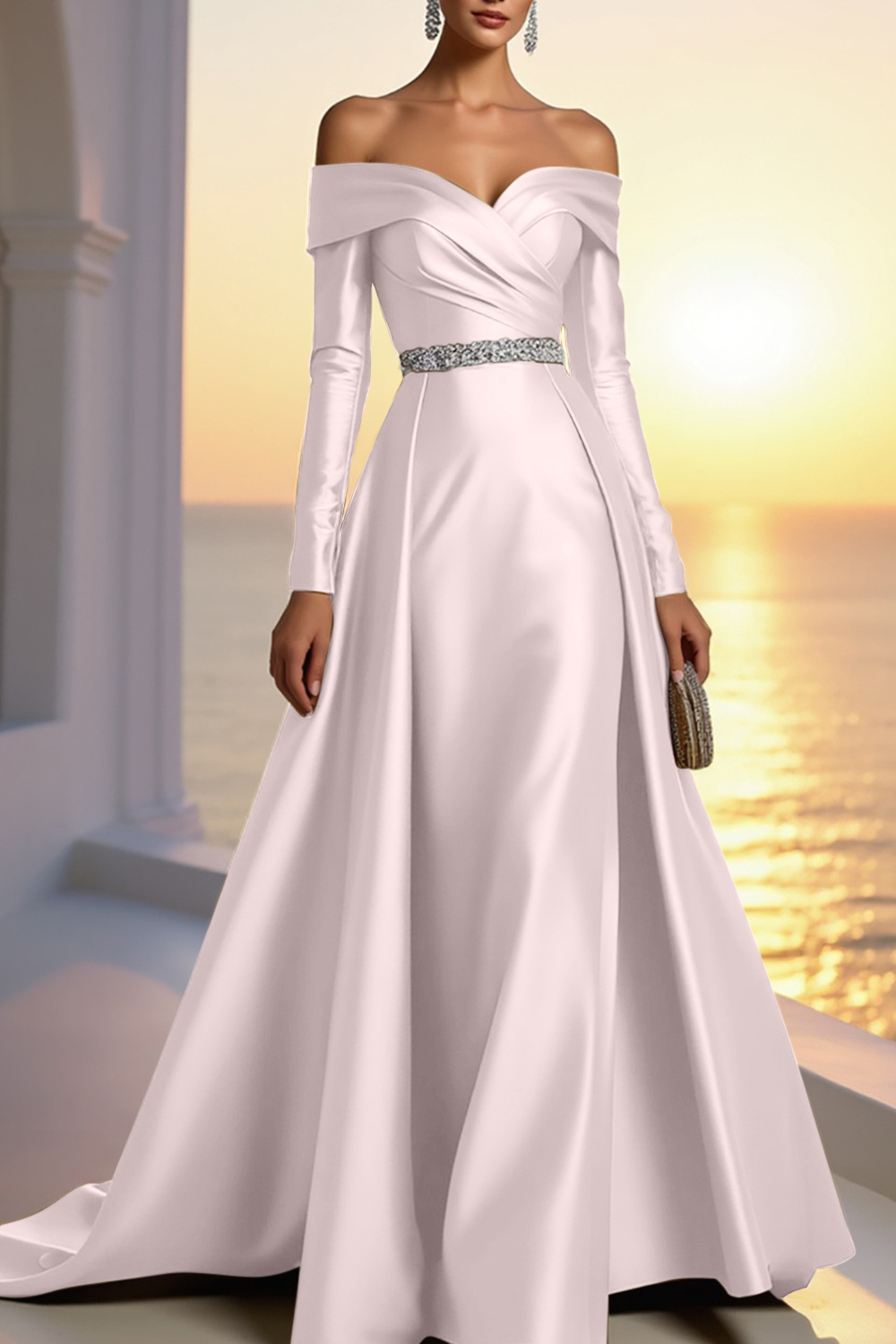 Formal Gold Satin Dress Off The Shoulder Long Sleeve Maxi Gown