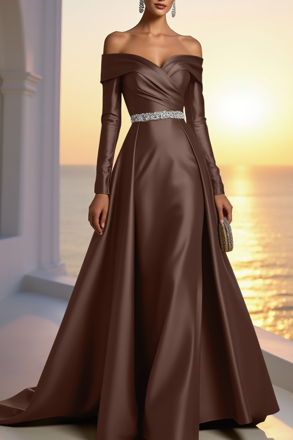 Formal Gold Satin Dress Off The Shoulder Long Sleeve Maxi Gown