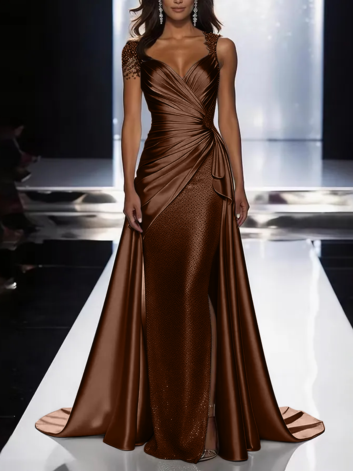 Silver Grey Deep V-Neck Draped Satin Metallic Mermaid Maxi Dress