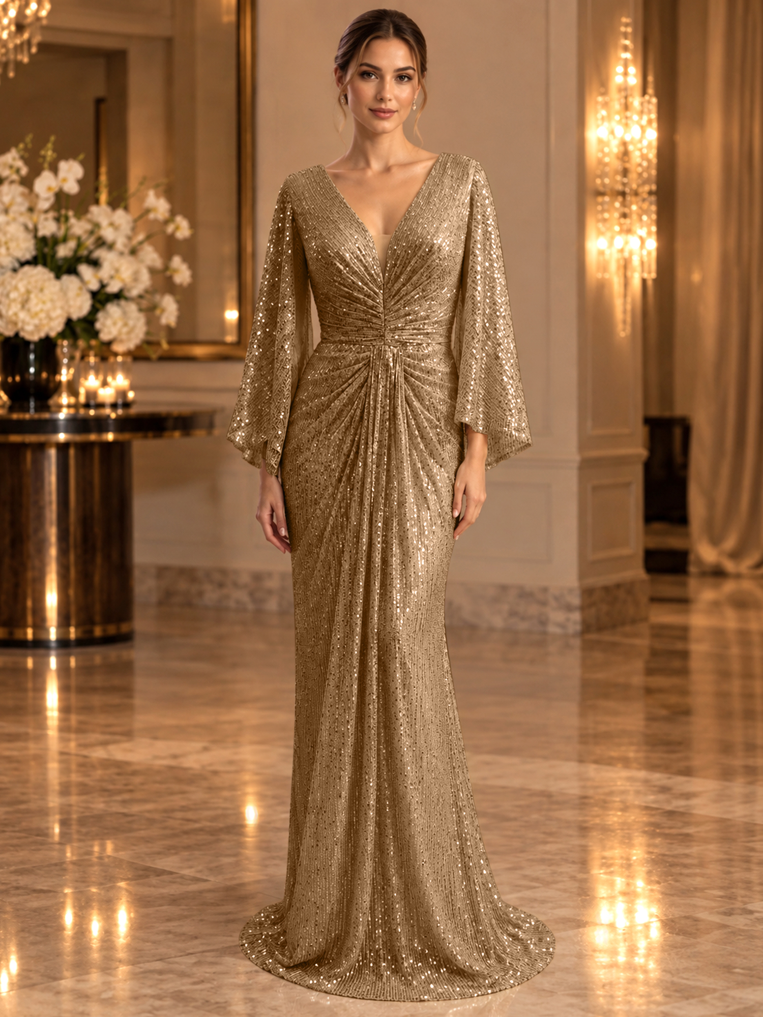 Gold Sequined V Neck Flare Sleeve Mermaid Maxi Dress