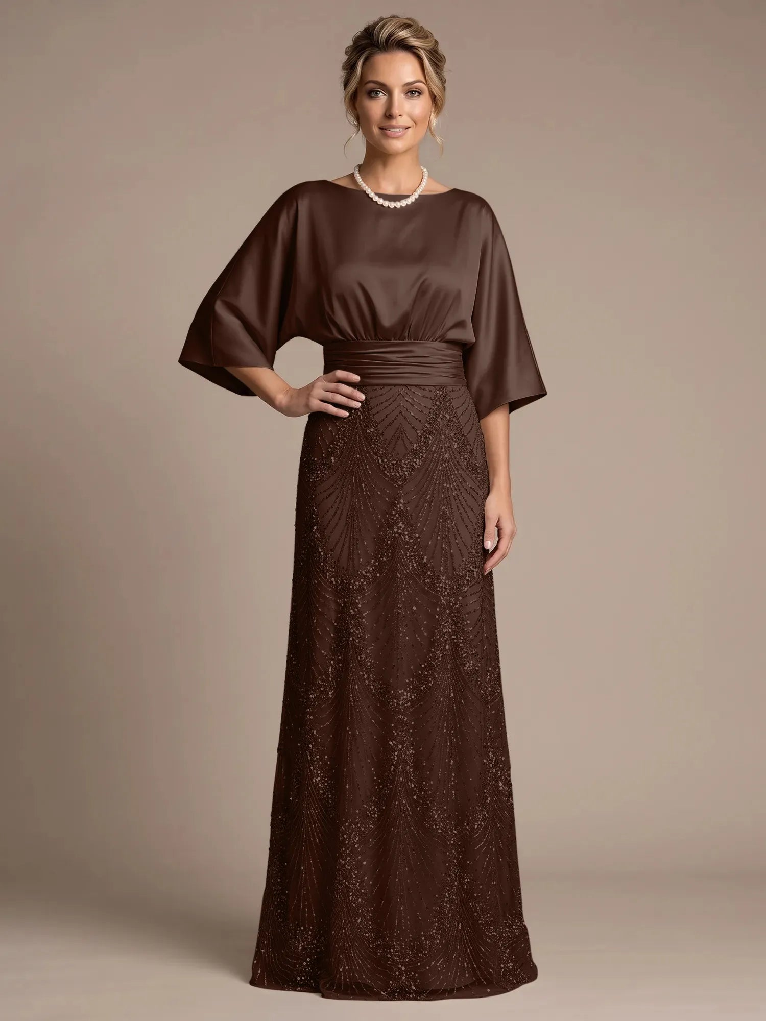 Champagne Bateau Neck Satin 3/4 Batwing Sleeves Maxi Dress