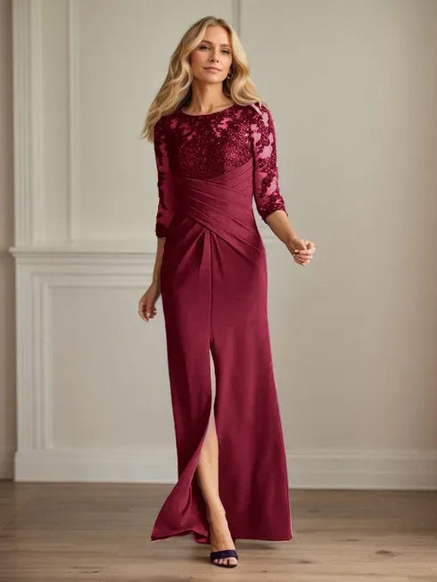 Plum Sheath Lace Stretch Crepe Mother of the Bride Dress