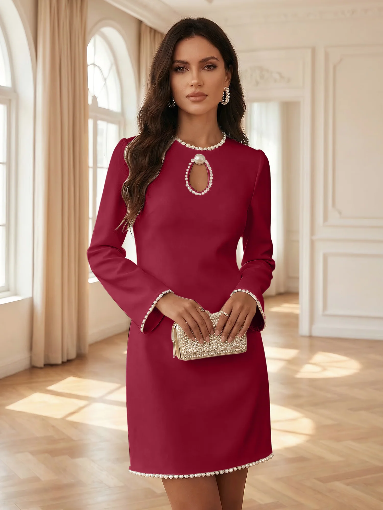 White Pearl Hollow Out Classic Crew Neck Long Sleeve Shift Mini Dress Gown