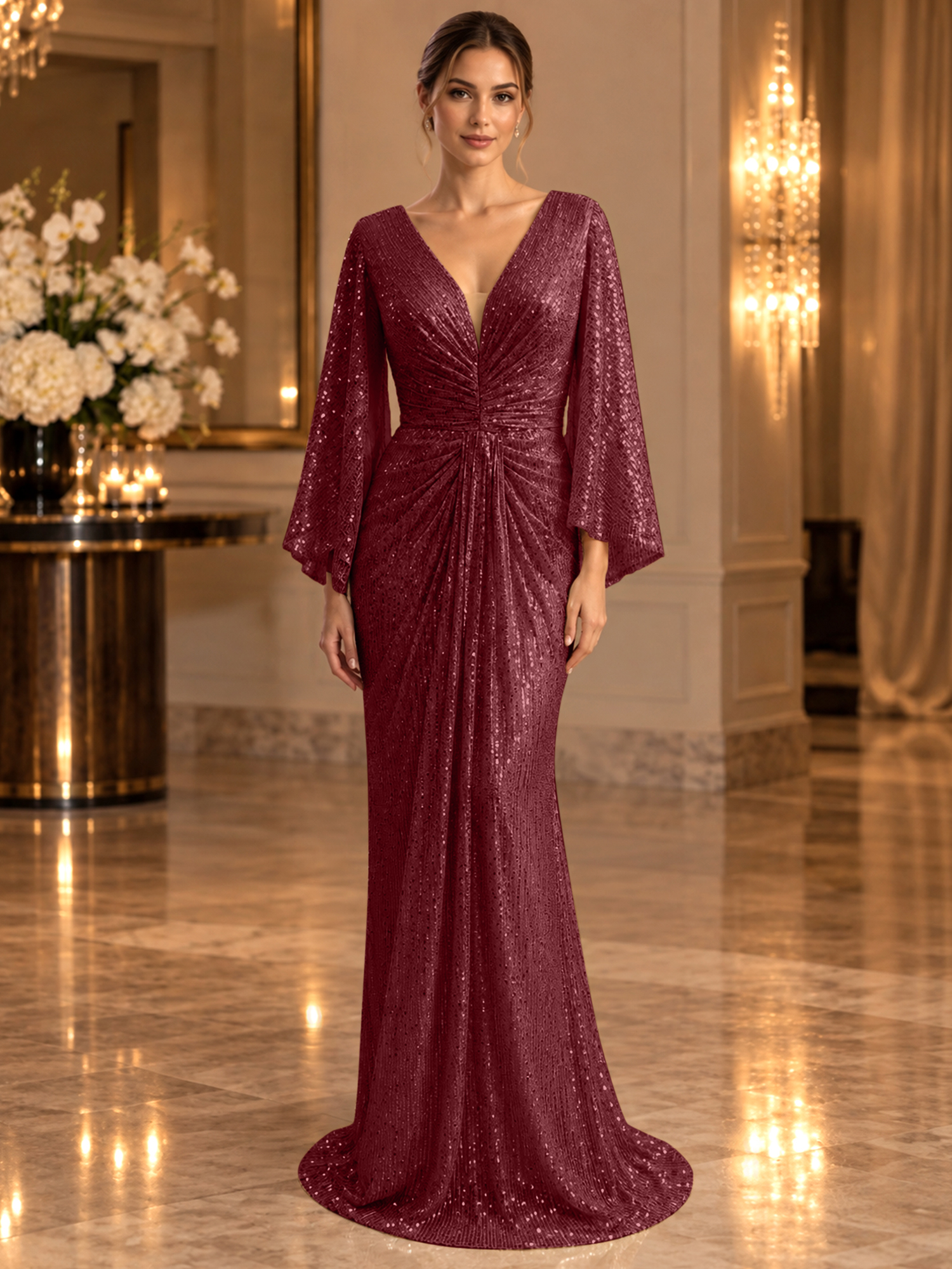Gold Sequined V Neck Flare Sleeve Mermaid Maxi Dress