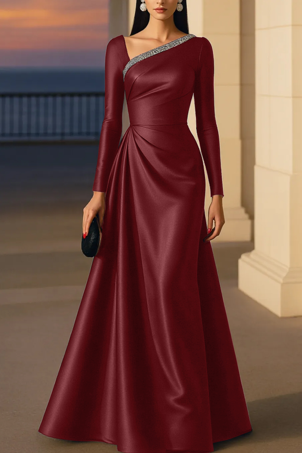 Evening Formal Burgundy Dress Asymmetrical Neck Long Sleeve Maxi Gown
