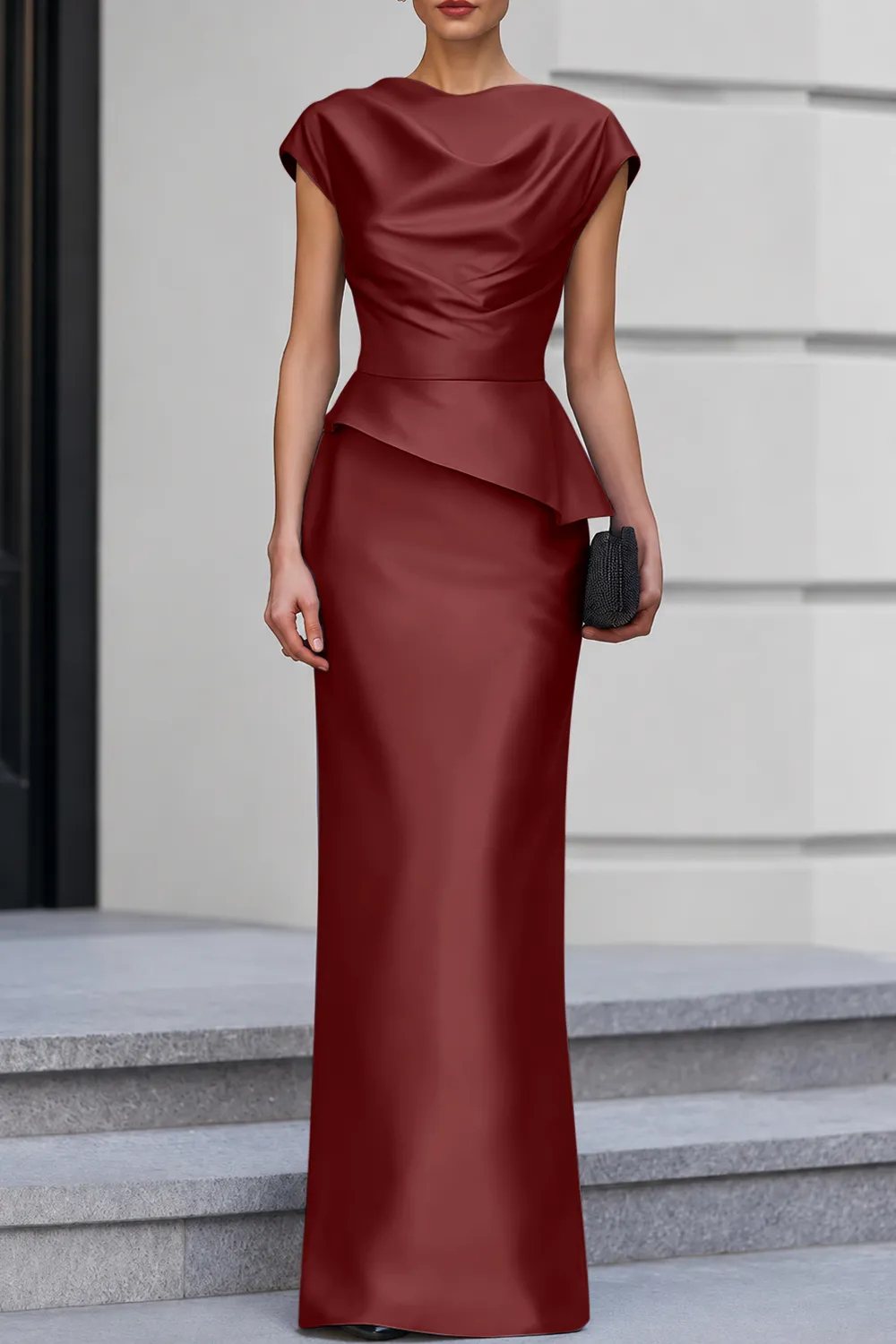 Navy Blue Cap Sleeve Satin Cowl Neck Peplum Maxi Dress