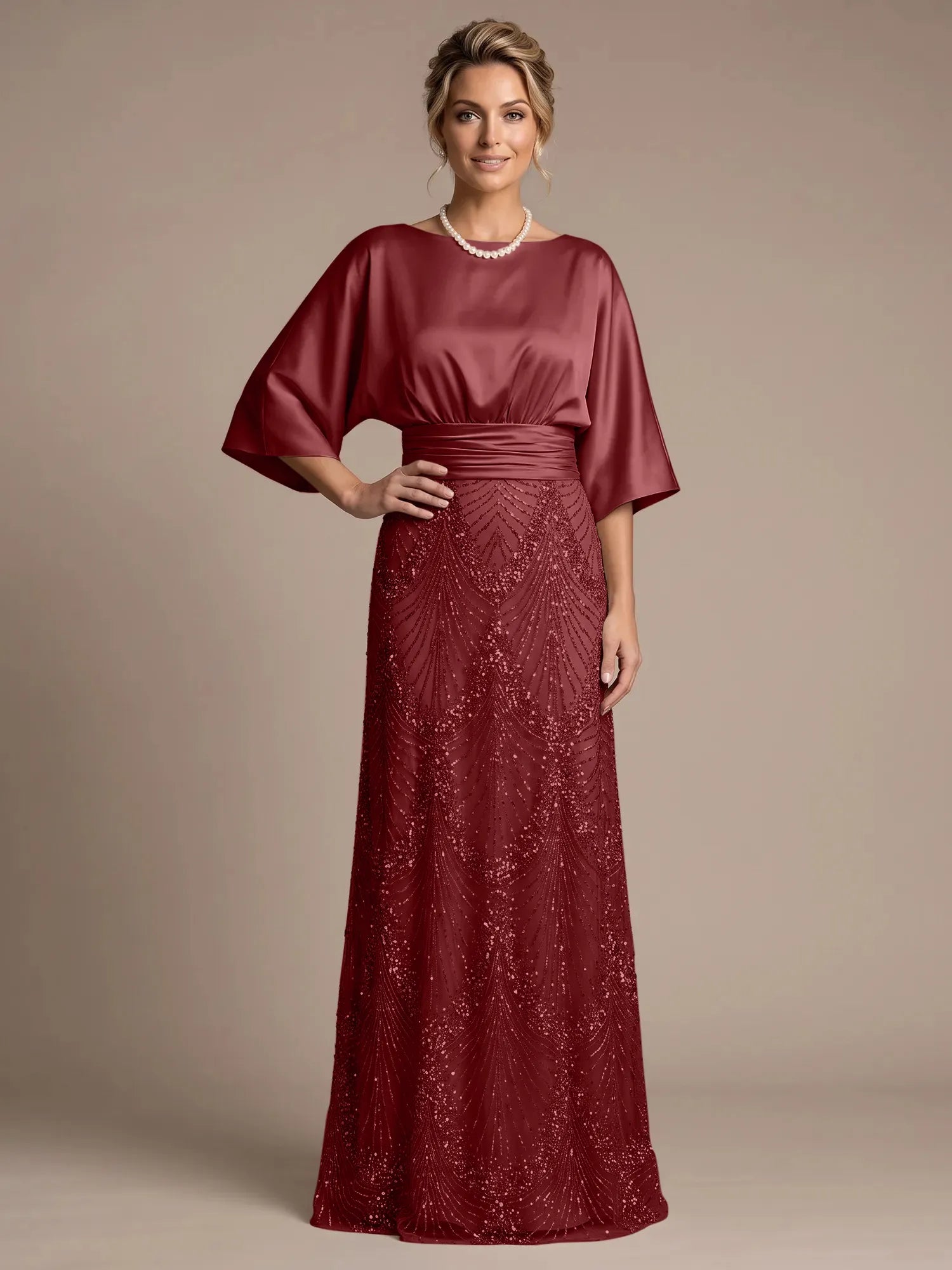 Champagne Bateau Neck Satin 3/4 Batwing Sleeves Maxi Dress