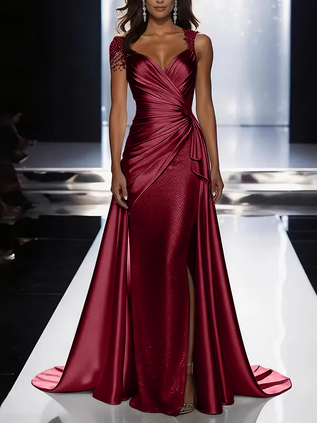 Silver Grey Deep V-Neck Draped Satin Metallic Mermaid Maxi Dress