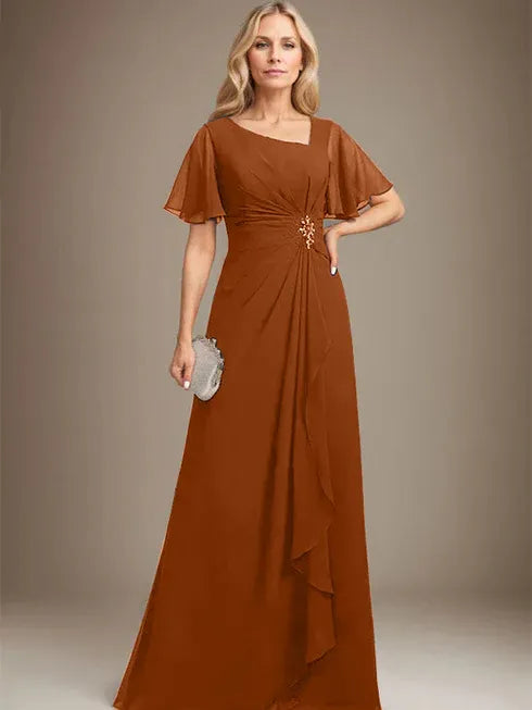 A-line Asymmetrical Floor-Length Chiffon Mother of the Bride Dress With Pleated Beading Sequins