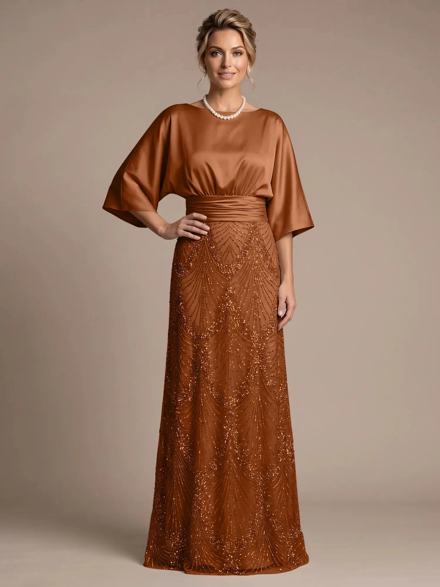 Champagne Bateau Neck Satin 3/4 Batwing Sleeves Maxi Dress
