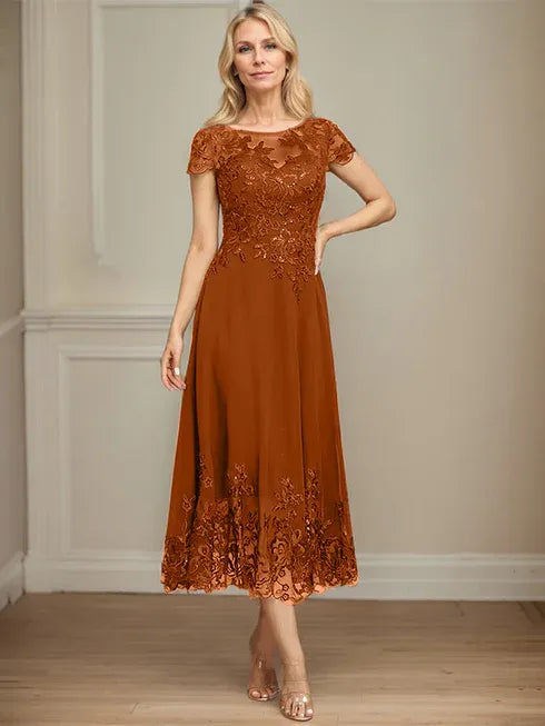 A-line Illusion Scoop Tea-Length Lace Chiffon Mother of the Bride Dress With Sequins