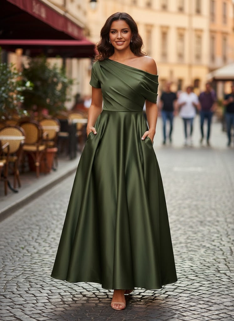 A-Line/Princess One-shoulder Half Sleeve Ankle-Length Mother of the Bride Dresses with Ruffles