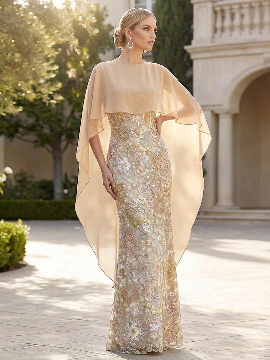 Sheath 3D Floral Embellished Lace Floor-Length Mother of the Bride & Groom Dresses with Chiffon Capelet Sleeves