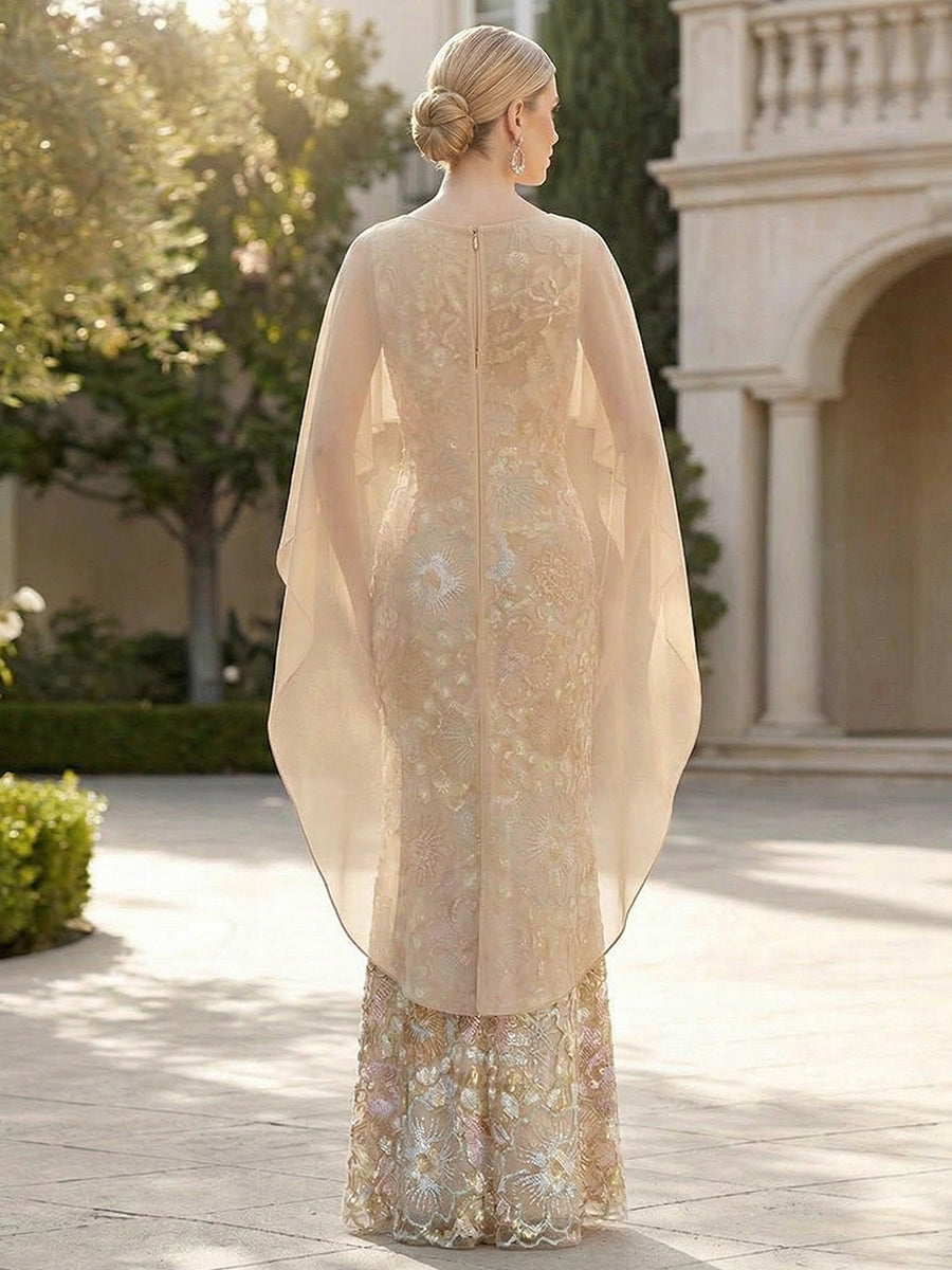 Sheath 3D Floral Embellished Lace Floor-Length Mother of the Bride & Groom Dresses with Chiffon Capelet Sleeves