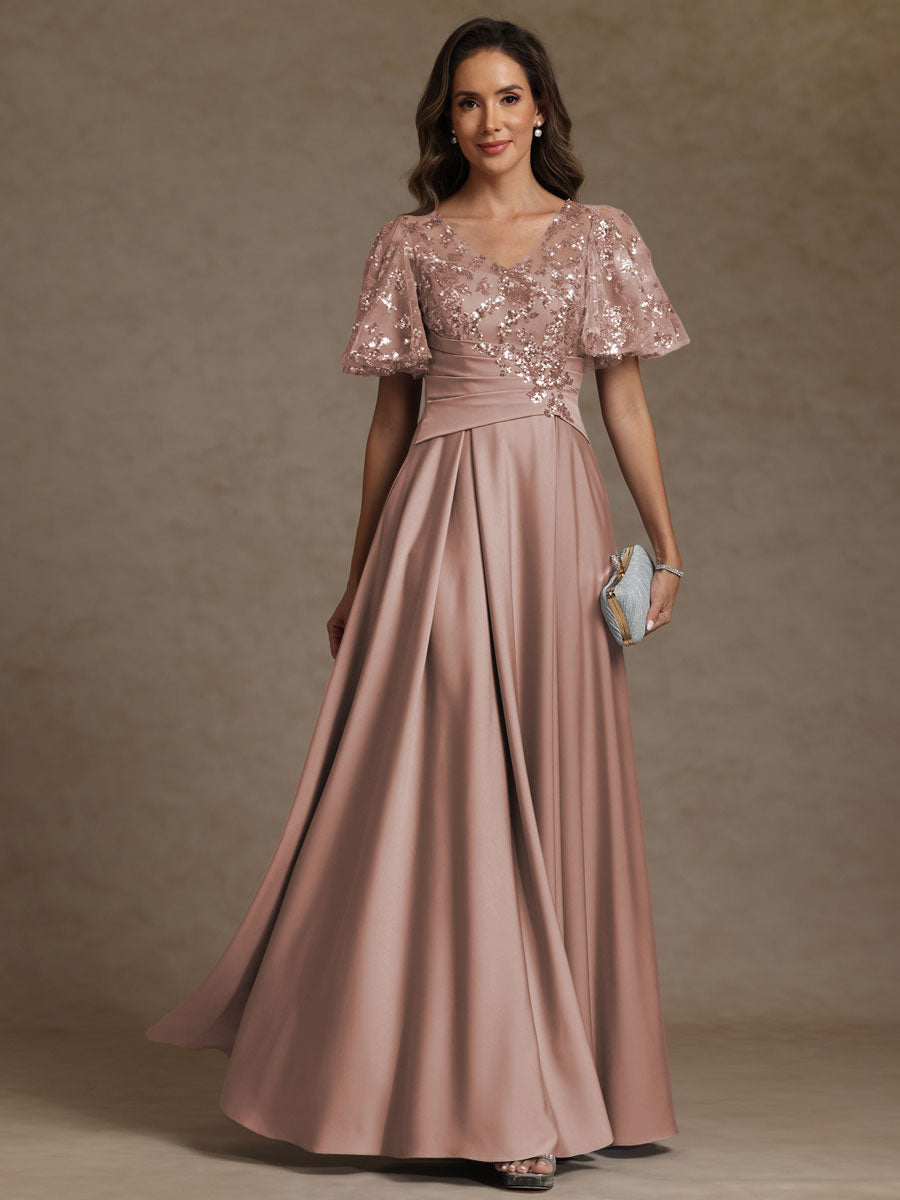 A-Line/Princess V-Neck Illusion Pleated Satin Floor-Length Mother of the Bride Dresses with Sequins