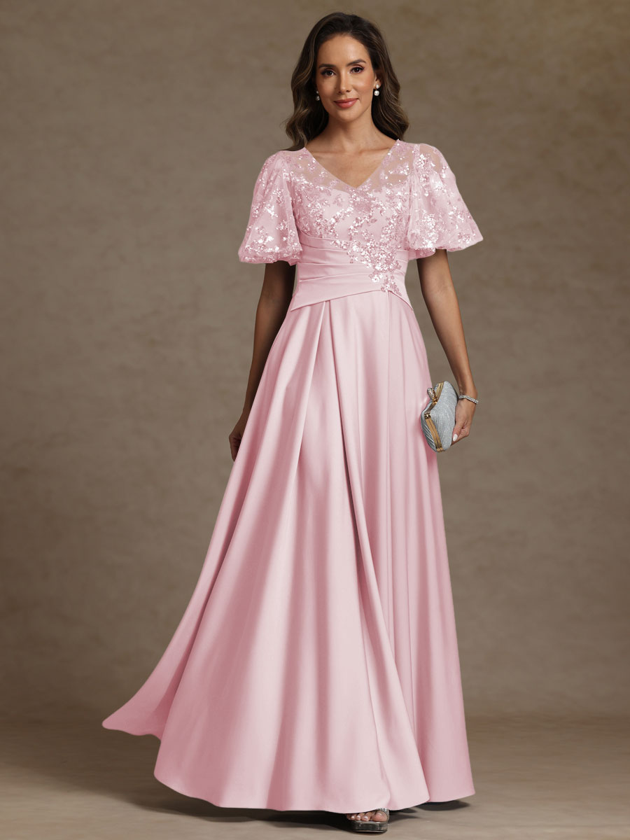 A-Line/Princess V-Neck Illusion Pleated Satin Floor-Length Mother of the Bride Dresses with Sequins