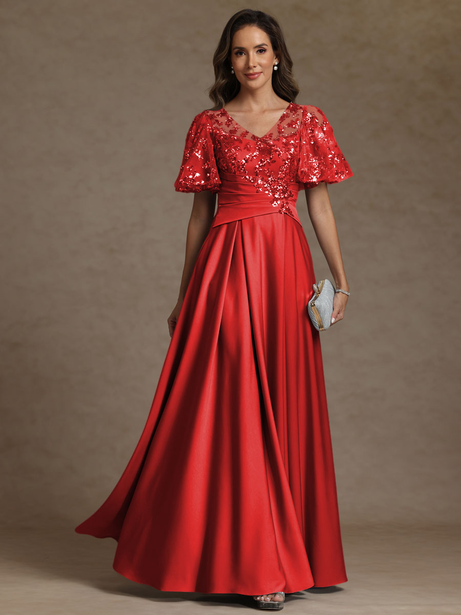 A-Line/Princess V-Neck Illusion Pleated Satin Floor-Length Mother of the Bride Dresses with Sequins