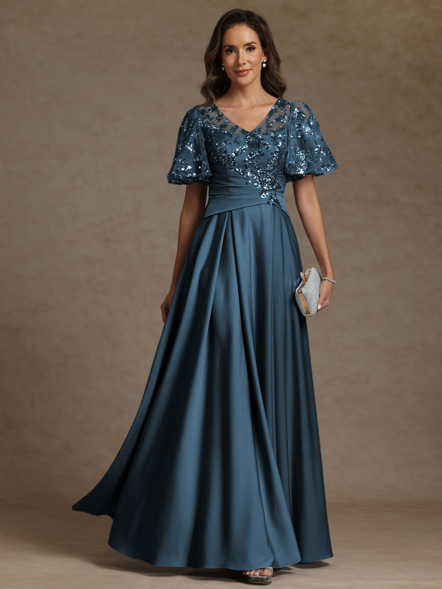 A-Line/Princess V-Neck Illusion Pleated Satin Floor-Length Mother of the Bride Dresses with Sequins