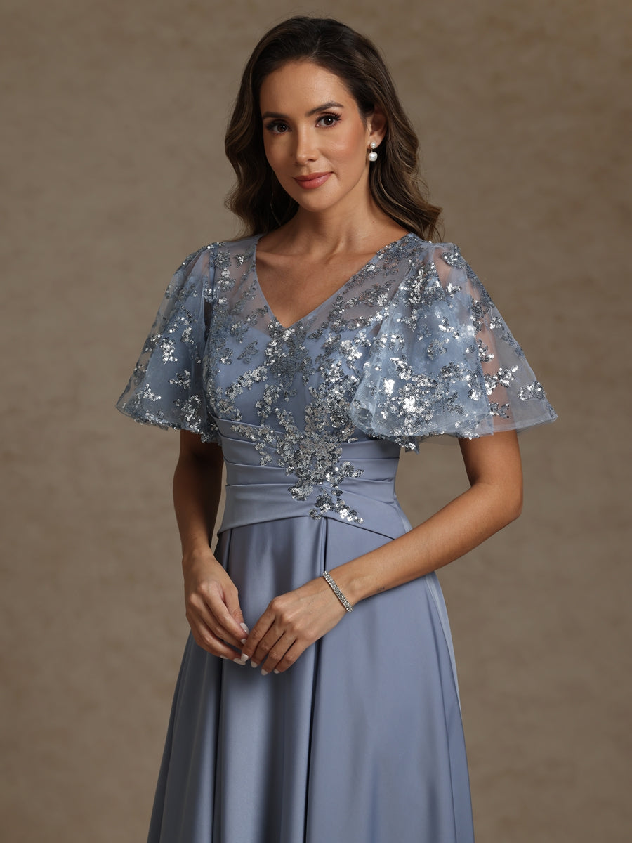 A-Line/Princess V-Neck Illusion Pleated Satin Floor-Length Mother of the Bride Dresses with Sequins