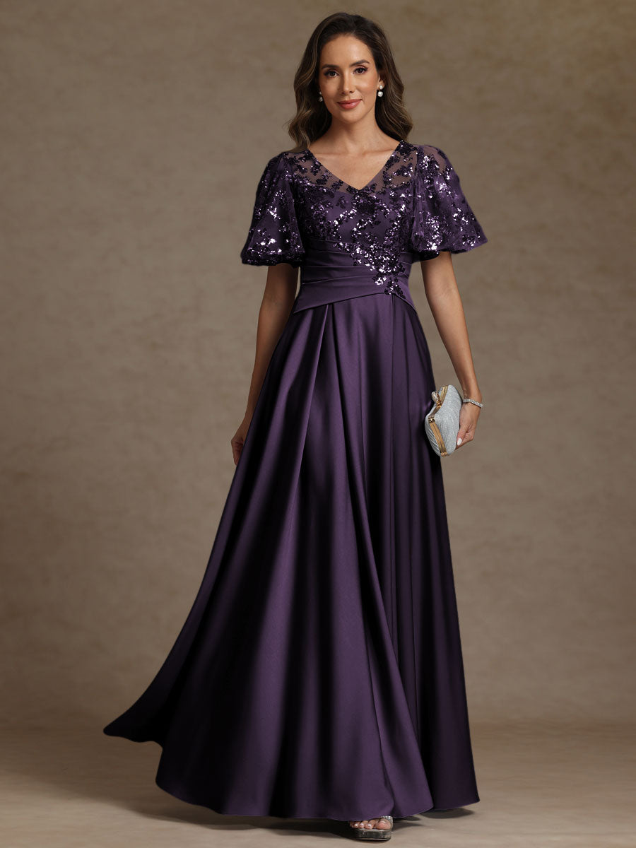 A-Line/Princess V-Neck Illusion Pleated Satin Floor-Length Mother of the Bride Dresses with Sequins