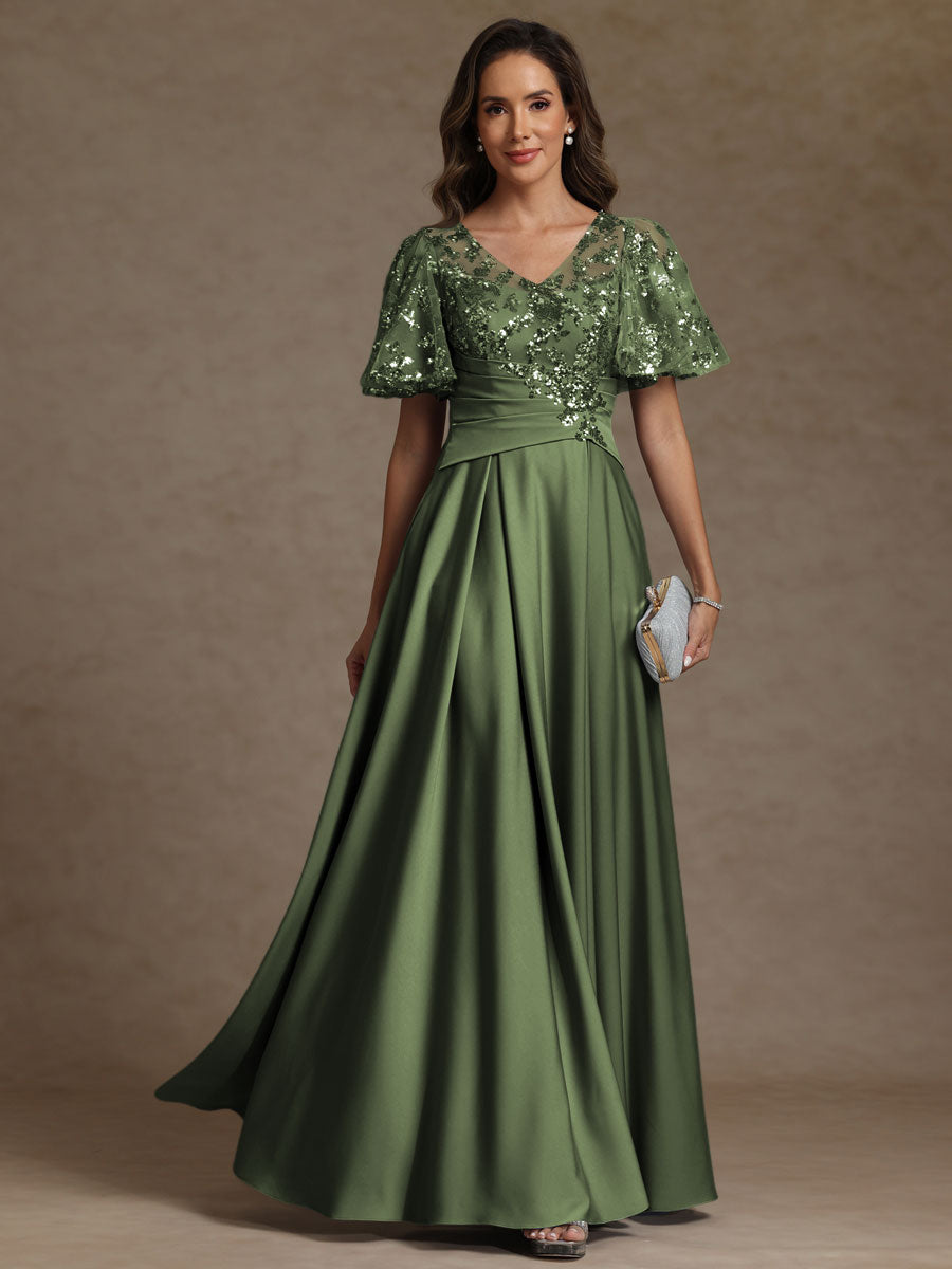 A-Line/Princess V-Neck Illusion Pleated Satin Floor-Length Mother of the Bride Dresses with Sequins