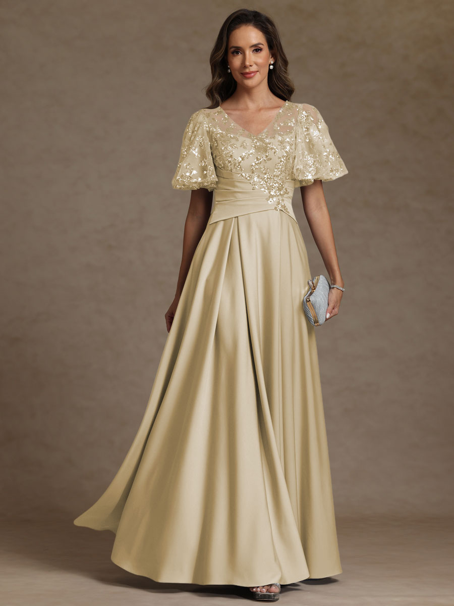 A-Line/Princess V-Neck Illusion Pleated Satin Floor-Length Mother of the Bride Dresses with Sequins