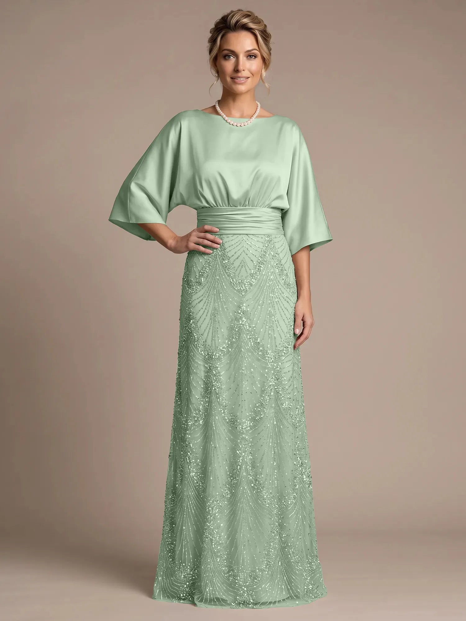 Champagne Bateau Neck Satin 3/4 Batwing Sleeves Maxi Dress