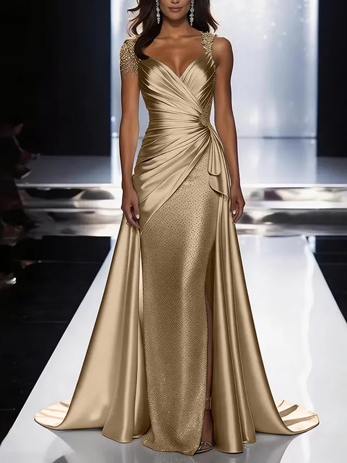 Silver Grey Deep V-Neck Draped Satin Metallic Mermaid Maxi Dress