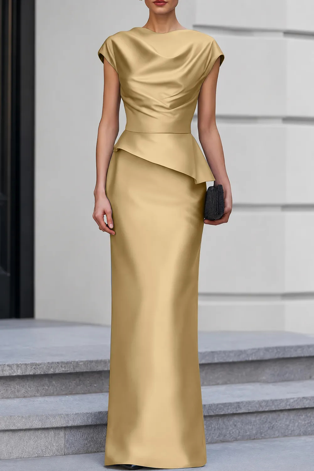 Navy Blue Cap Sleeve Satin Cowl Neck Peplum Maxi Dress