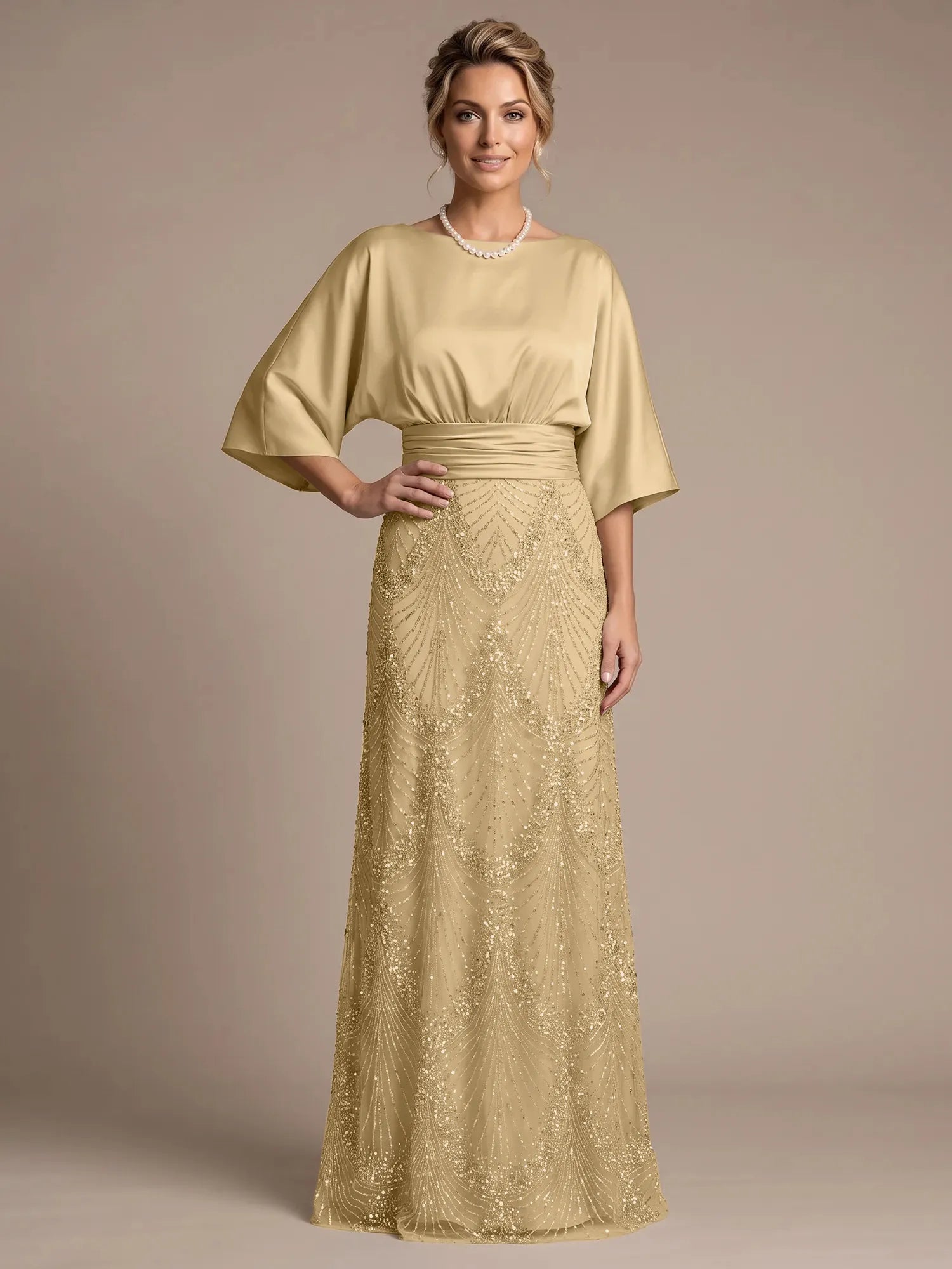 Champagne Bateau Neck Satin 3/4 Batwing Sleeves Maxi Dress