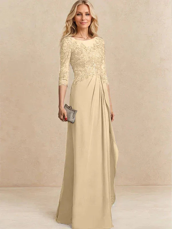 A-line Scoop Illusion Floor-Length Chiffon Lace Mother of the Bride Dress With Beading Sequins Cascading Ruffles