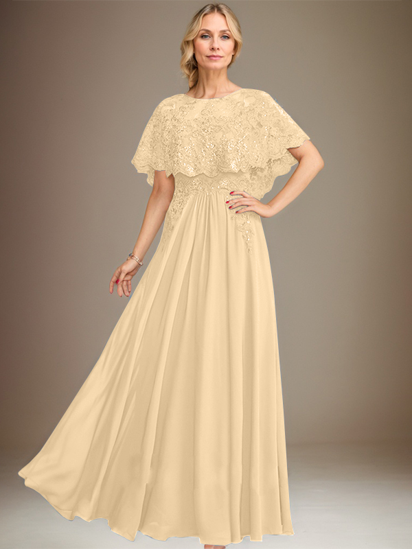 A-line Boat Neck Floor-Length Lace Chiffon Mother of the Bride Dress With Applique Sequins