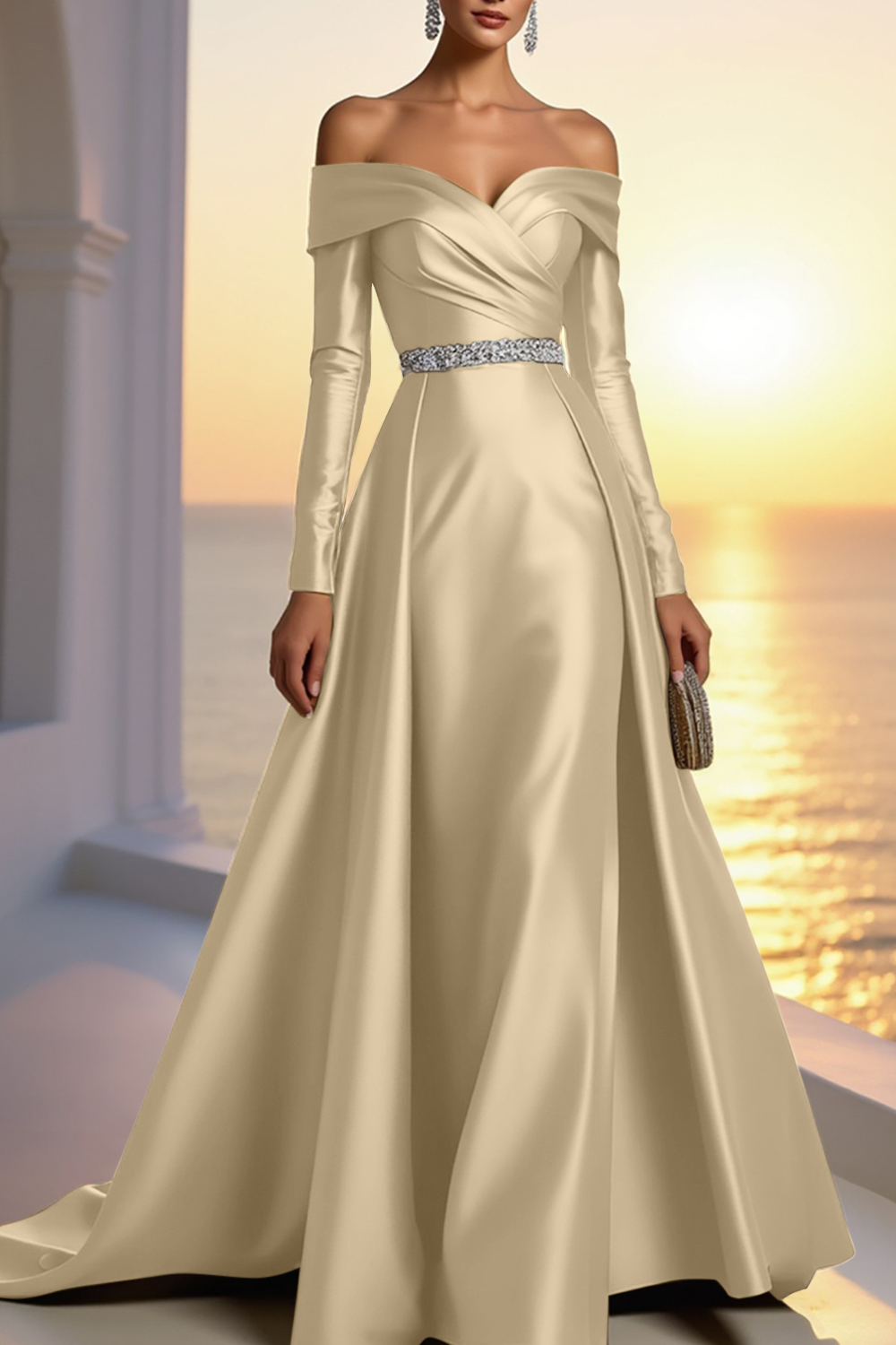 Formal Gold Satin Dress Off The Shoulder Long Sleeve Maxi Gown