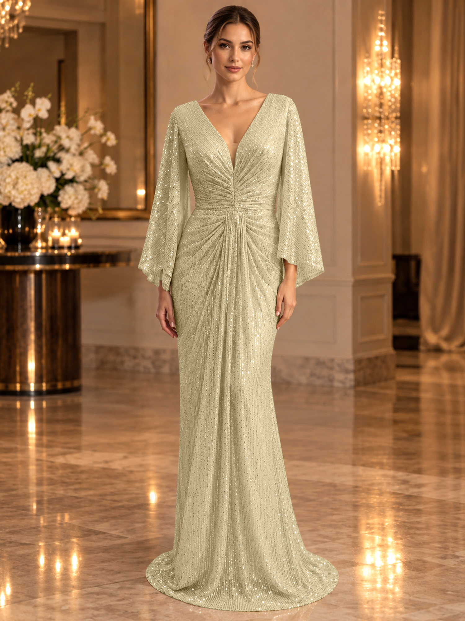 Gold Sequined V Neck Flare Sleeve Mermaid Maxi Dress