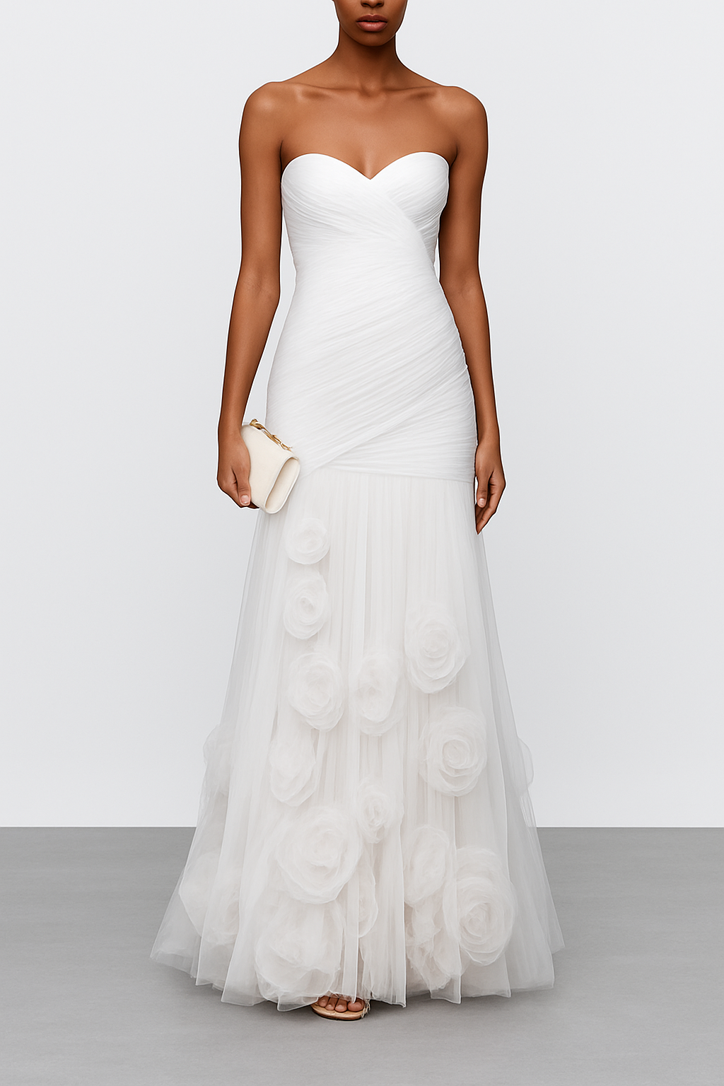 Pink 3D Floral Ruched Tulle Strapless Sleeveless Mermaid Maxi Dress