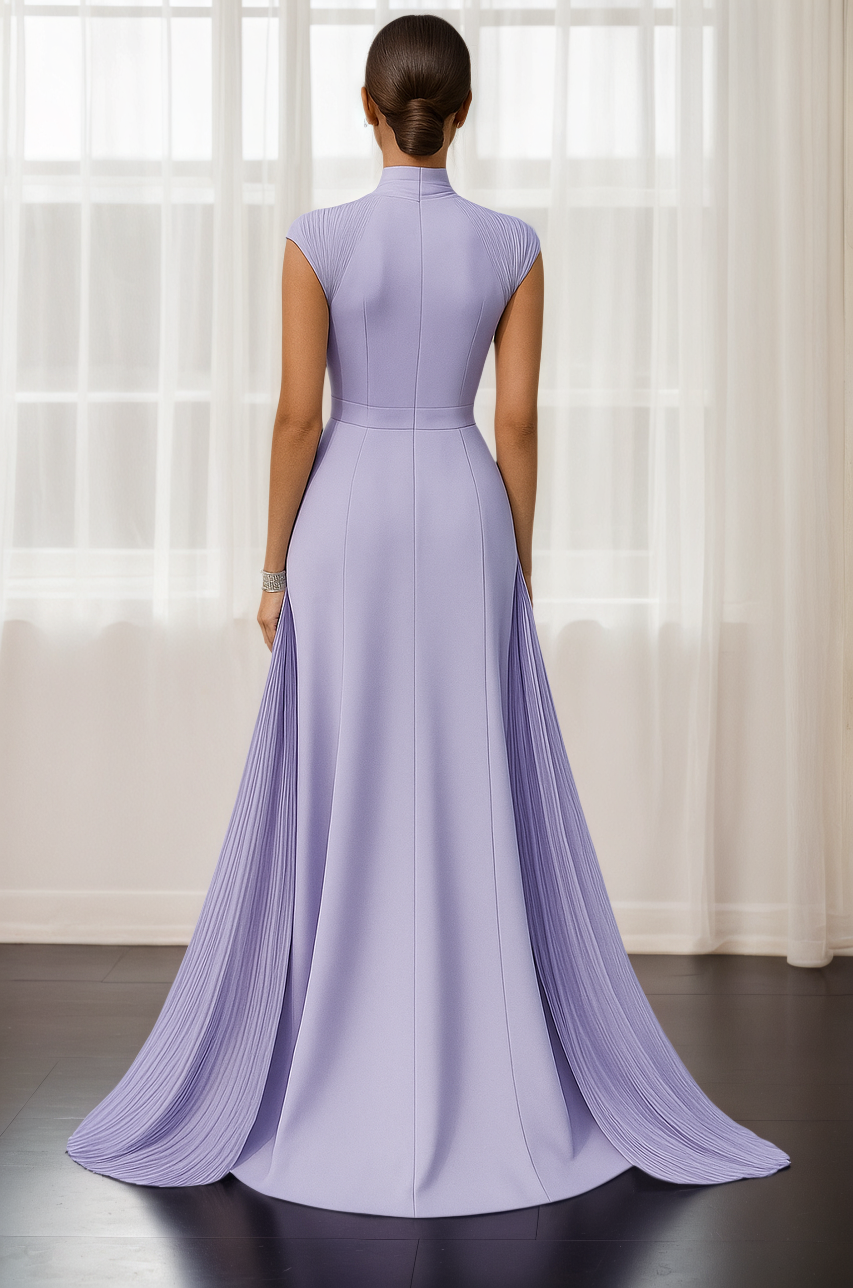 Formal Evening Dress Purple Stand Collar Pleated Train Maxi Gown