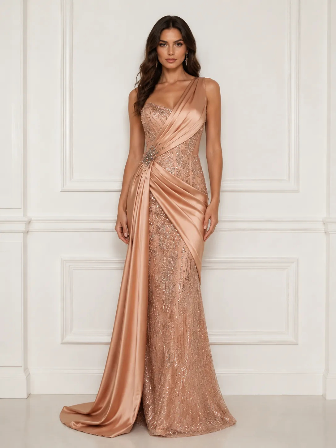 Champagne Satin Draped One Shoulder Beaded Mermaid Formal Gown