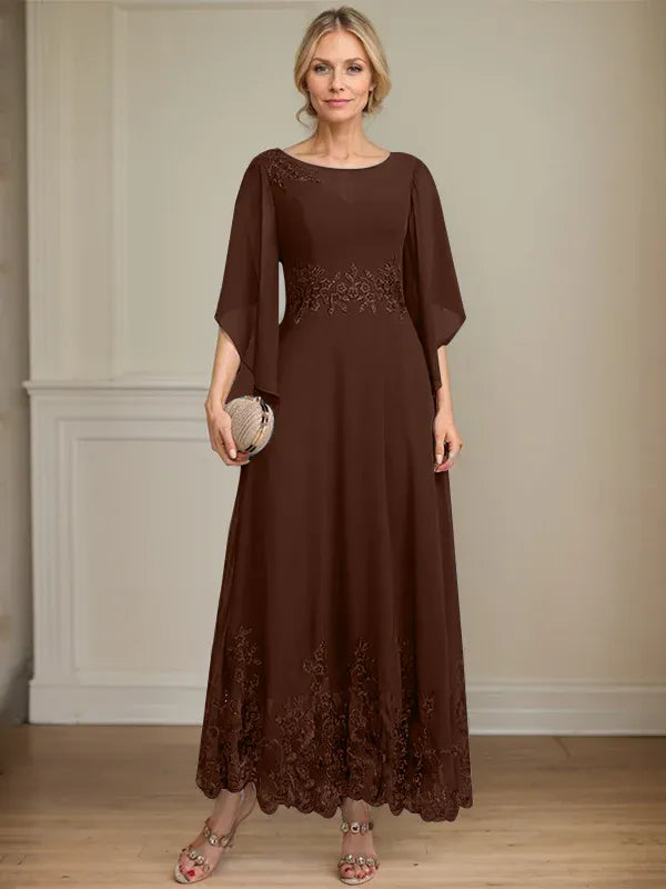 A-line Scoop Illusion Ankle-Length Lace Chiffon Mother of the Bride Dress With Sequins