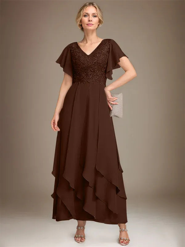 A-line V-Neck Ankle-Length Lace Chiffon Mother of the Bride Dress With Cascading Ruffles