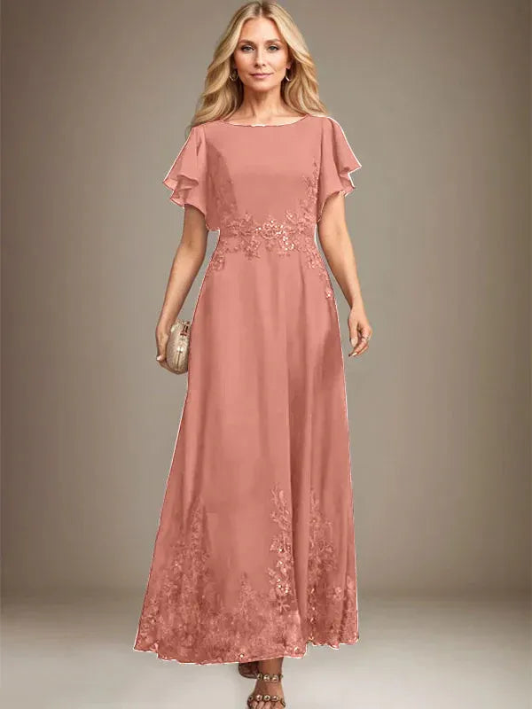 A-line Scoop Ankle-Length Lace Chiffon Mother of the Bride Dress With Sequins