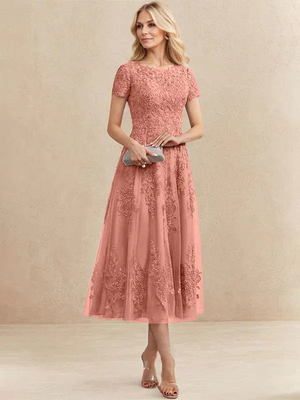 A-line Scoop Tea-Length Tulle Lace Mother of the Bride Dress