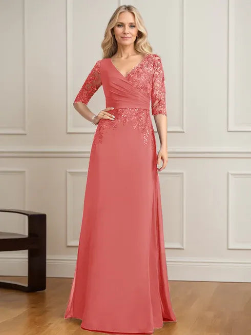 A-line V-Neck Floor-Length Lace Chiffon Mother of the Bride Dress With Pleated Sequins