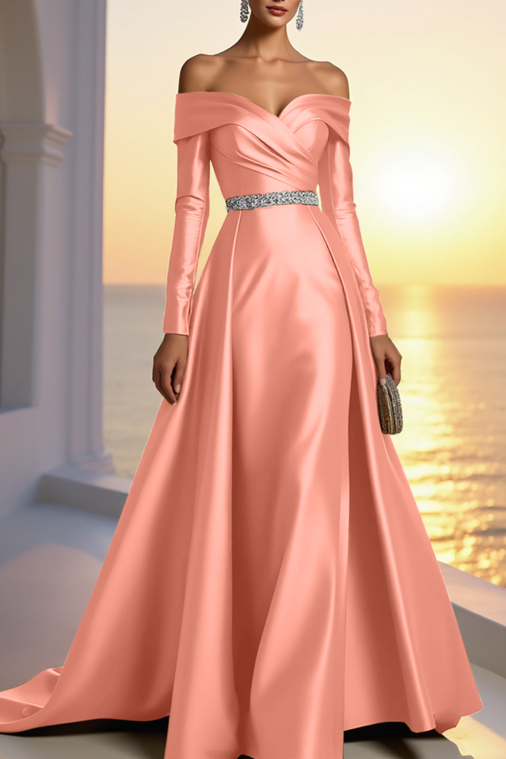 Formal Gold Satin Dress Off The Shoulder Long Sleeve Maxi Gown