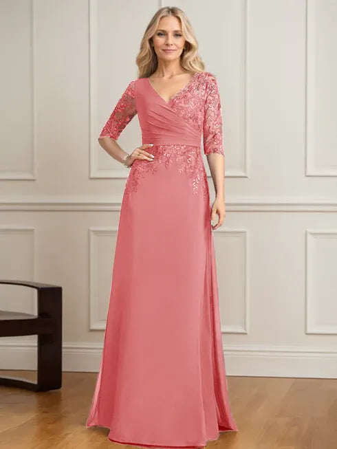 A-line V-Neck Floor-Length Lace Chiffon Mother of the Bride Dress With Pleated Sequins